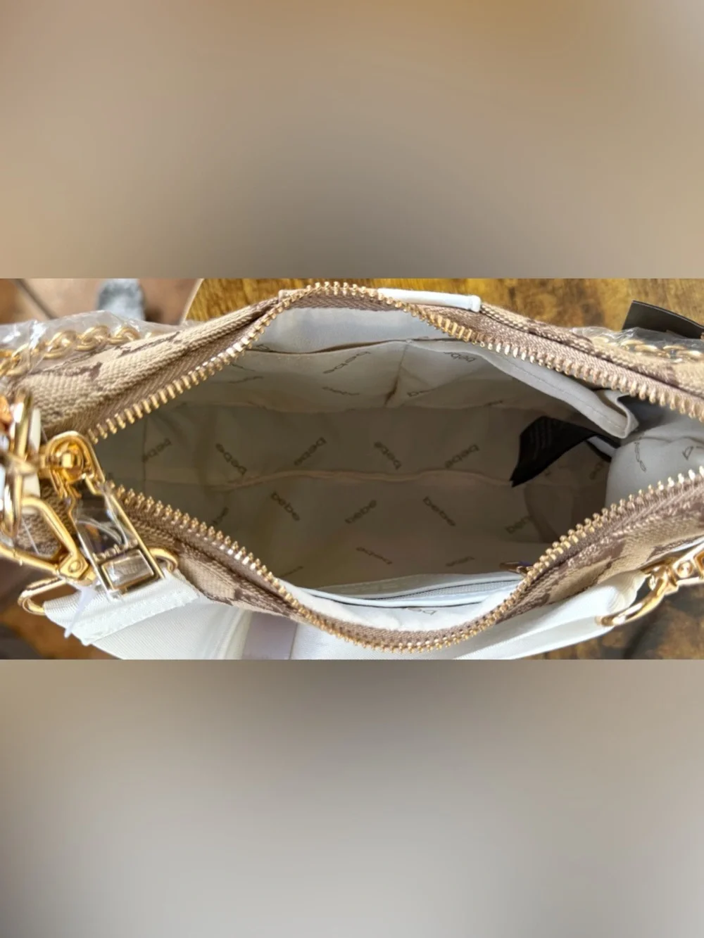 bebe Brown, White & Gold Logo Hobo Shoulder Bag with Coin Pouch - Picture 9 of 16